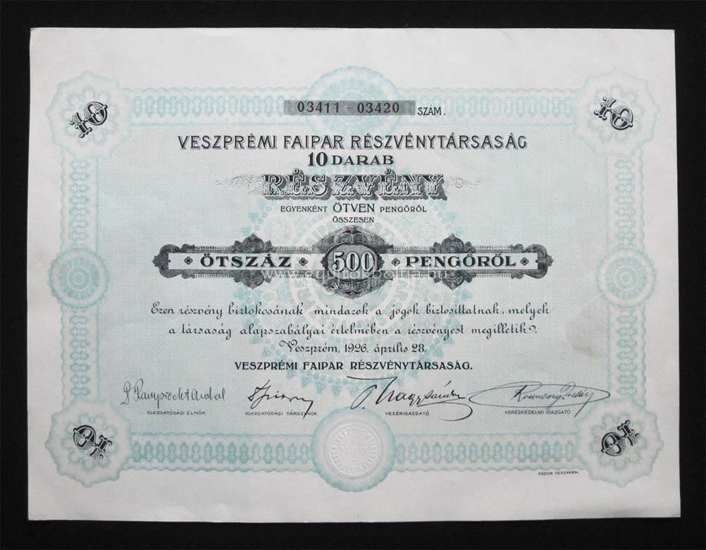 Veszprémi Faipar részvény 500 pengő 1926